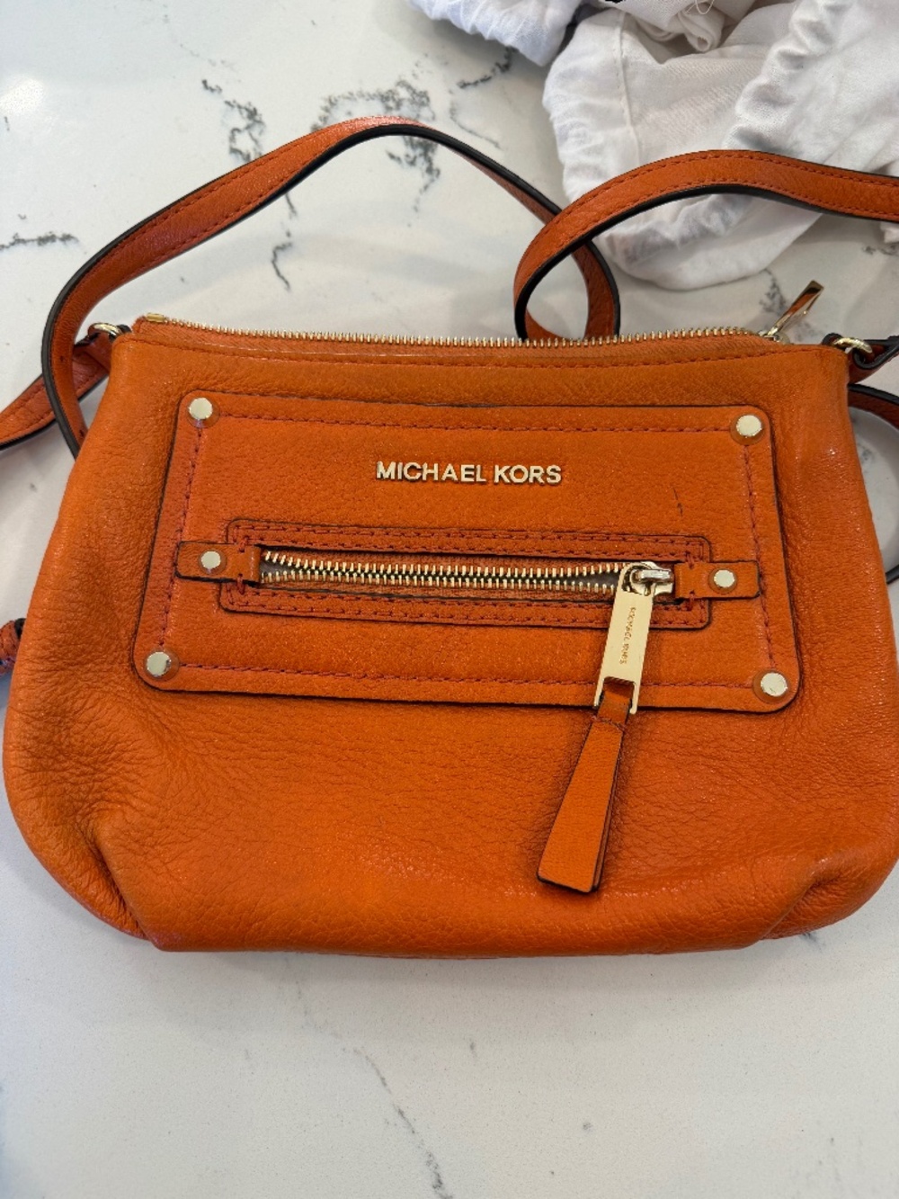 Michael Kors Orange Pebbled Leather Crossbody Bag Gold Hardware